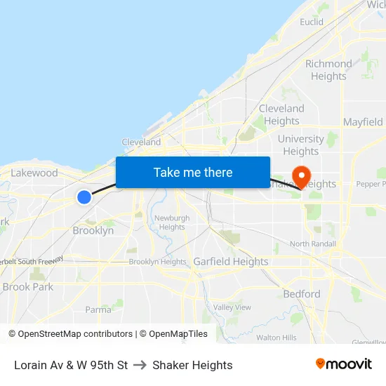 Lorain Av & W 95th St to Shaker Heights map