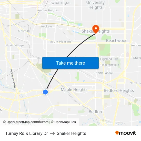 Turney Rd & Library Dr to Shaker Heights map