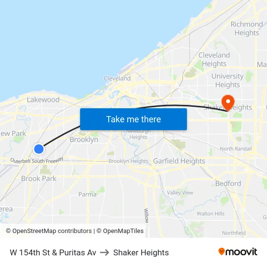W 154th St & Puritas Av to Shaker Heights map