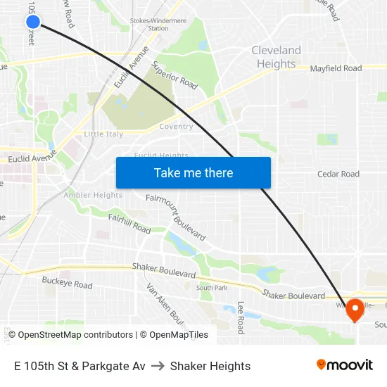 E 105th St & Parkgate Av to Shaker Heights map