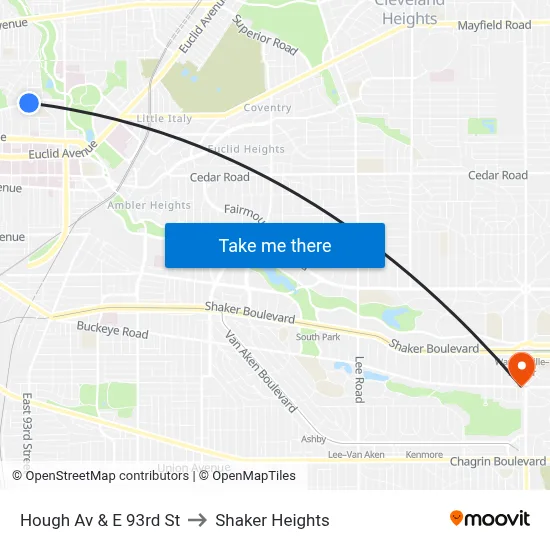 Hough Av & E 93rd St to Shaker Heights map