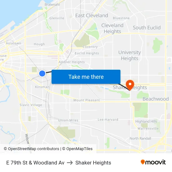E 79th St & Woodland Av to Shaker Heights map