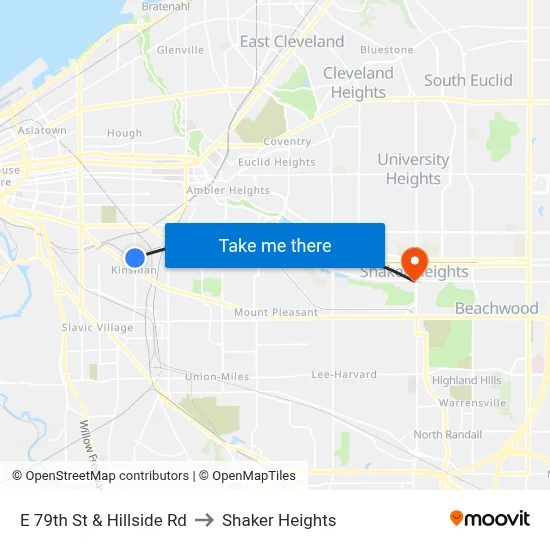E 79th St & Hillside Rd to Shaker Heights map