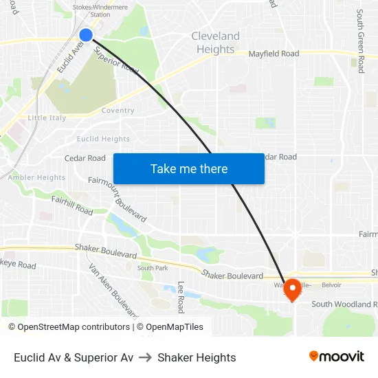 Euclid Av & Superior Av to Shaker Heights map
