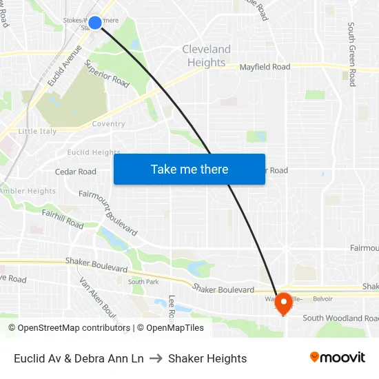 Euclid Av & Debra Ann Ln to Shaker Heights map