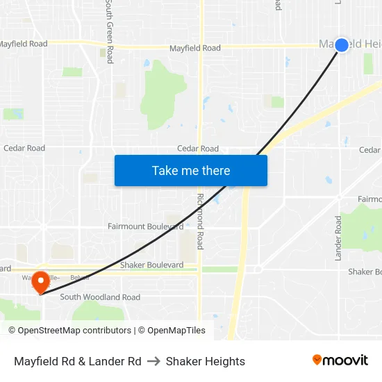 Mayfield Rd & Lander Rd to Shaker Heights map