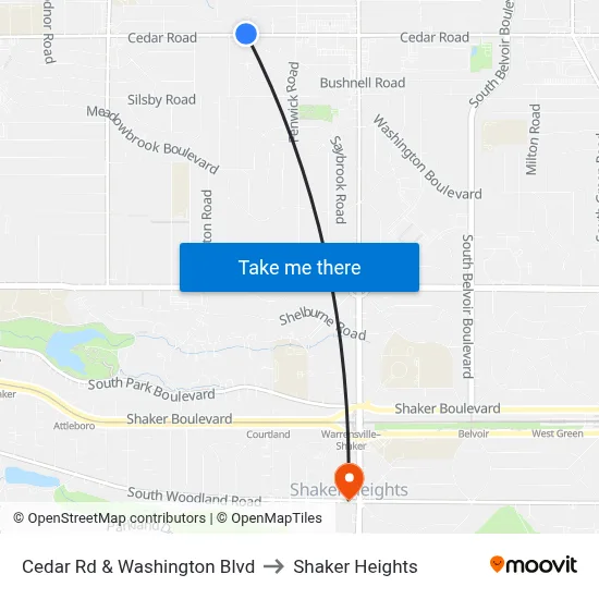 Cedar Rd & Washington Blvd to Shaker Heights map
