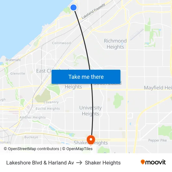 Lakeshore Blvd & Harland Av to Shaker Heights map