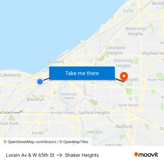 Lorain Av & W 65th St to Shaker Heights map