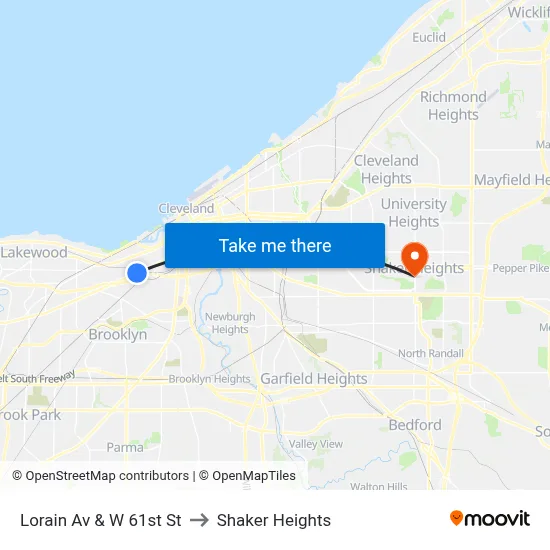 Lorain Av & W 61st St to Shaker Heights map