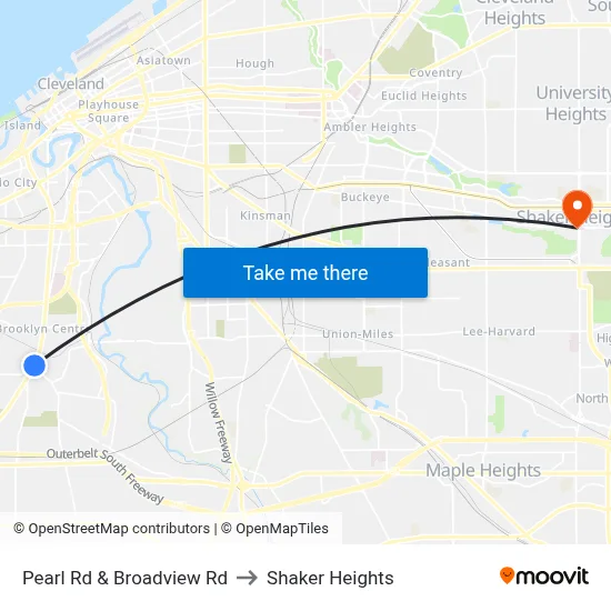 Pearl Rd & Broadview Rd to Shaker Heights map
