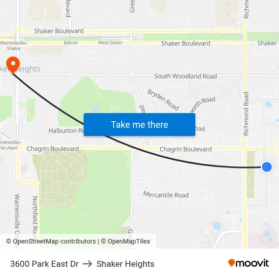 3600 Park East Dr to Shaker Heights map