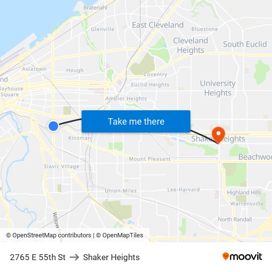 2765 E 55th St to Shaker Heights map