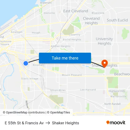 E 55th St & Francis Av to Shaker Heights map