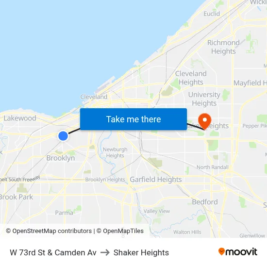 W 73rd St & Camden Av to Shaker Heights map