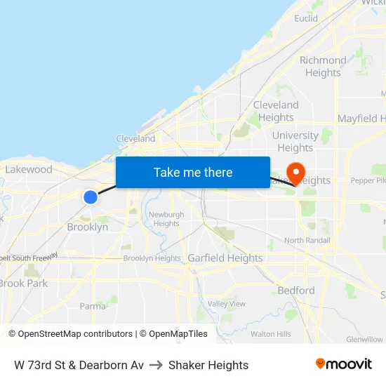 W 73rd St & Dearborn Av to Shaker Heights map