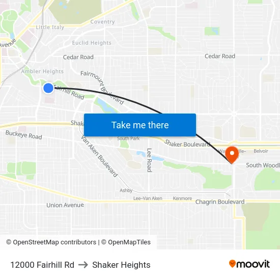 12000 Fairhill Rd to Shaker Heights map