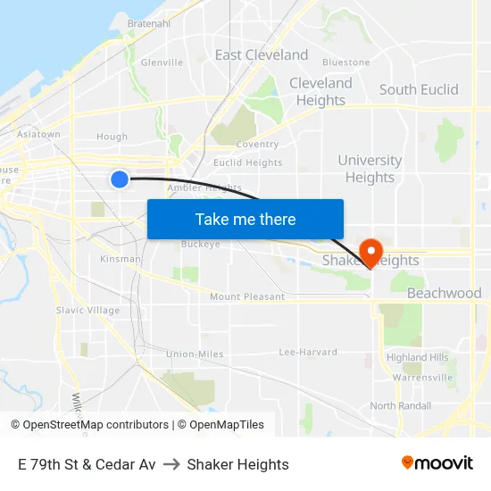 E 79th St & Cedar Av to Shaker Heights map