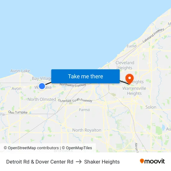 Detroit Rd & Dover Center Rd to Shaker Heights map