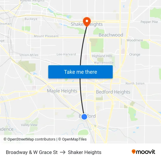 Broadway & W Grace St to Shaker Heights map