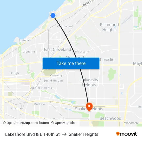 Lakeshore Blvd & E 140th St to Shaker Heights map