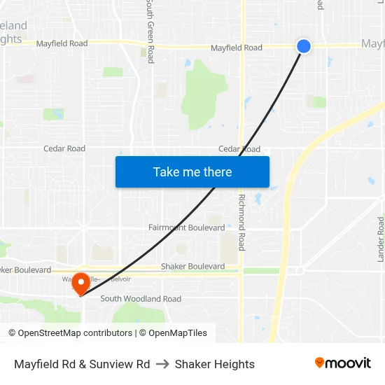 Mayfield Rd & Sunview Rd to Shaker Heights map