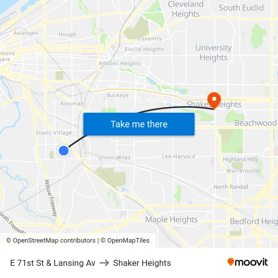 E 71st St & Lansing Av to Shaker Heights map