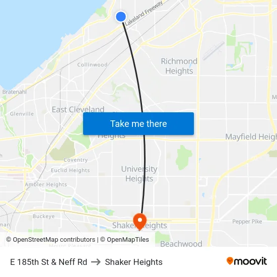 E 185th St & Neff Rd to Shaker Heights map