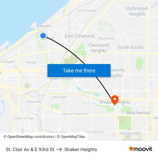St. Clair Av & E 93rd St to Shaker Heights map