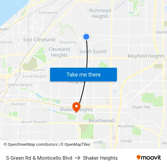 S Green Rd & Monticello Blvd to Shaker Heights map