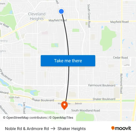 Noble Rd & Ardmore Rd to Shaker Heights map