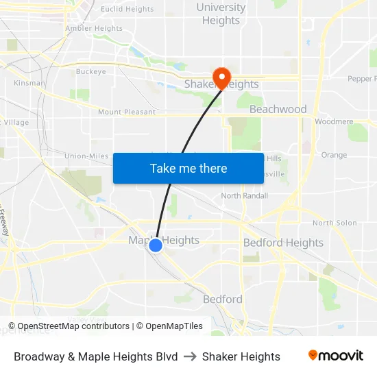 Broadway & Maple Heights Blvd to Shaker Heights map
