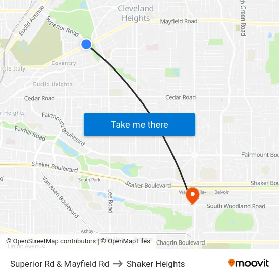 Superior Rd & Mayfield Rd to Shaker Heights map