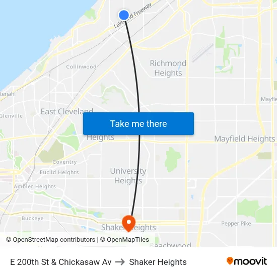 E 200th St & Chickasaw Av to Shaker Heights map