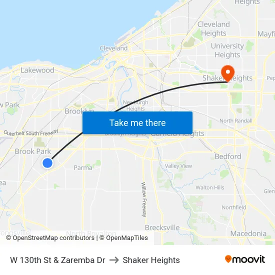 W 130th St & Zaremba Dr to Shaker Heights map