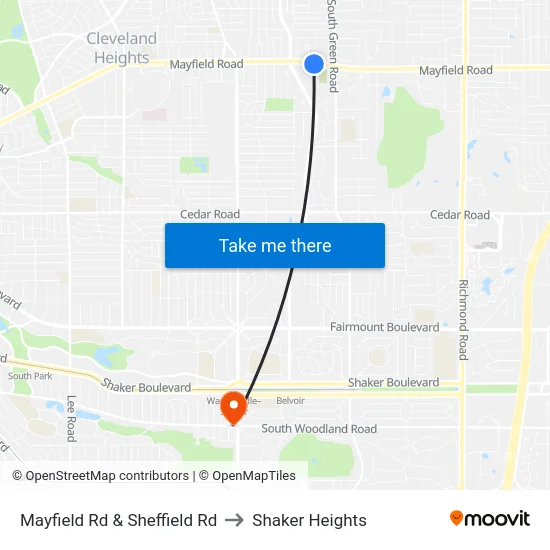 Mayfield Rd & Sheffield Rd to Shaker Heights map