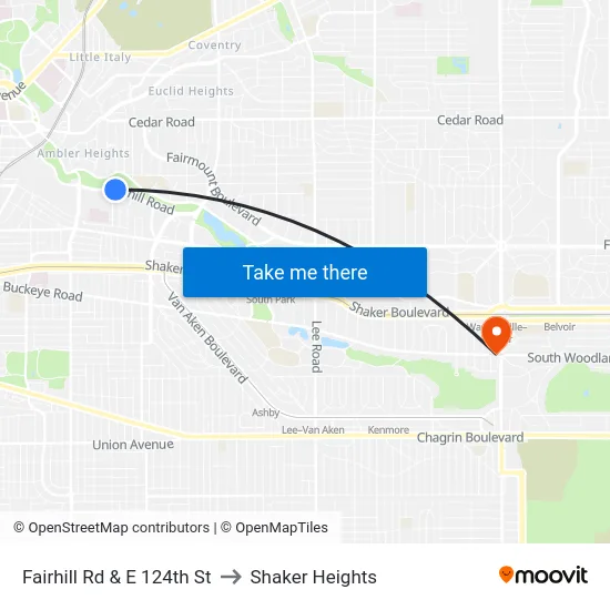 Fairhill Rd & E 124th St to Shaker Heights map