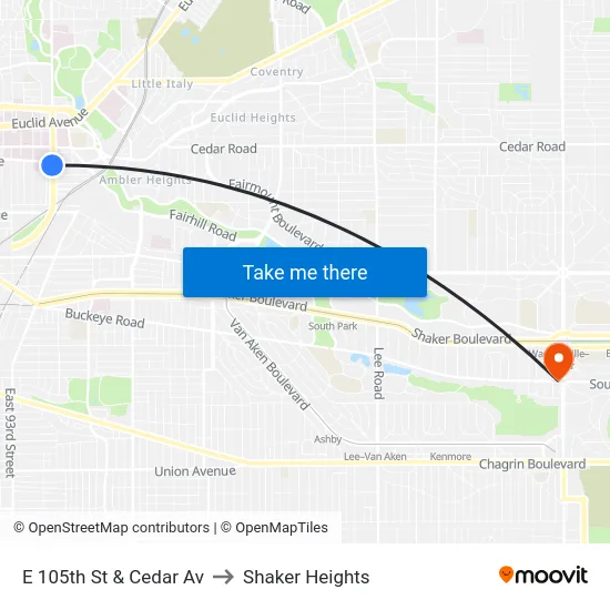 E 105th St & Cedar Av to Shaker Heights map