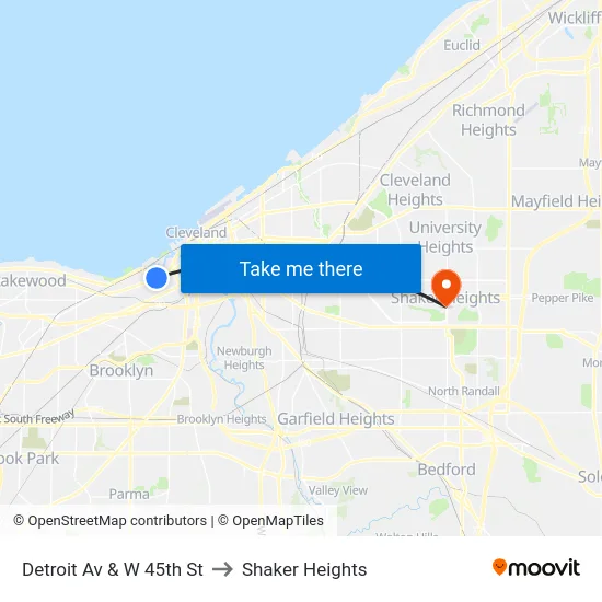 Detroit Av & W 45th St to Shaker Heights map