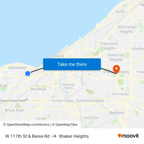 W 117th St & Berea Rd to Shaker Heights map