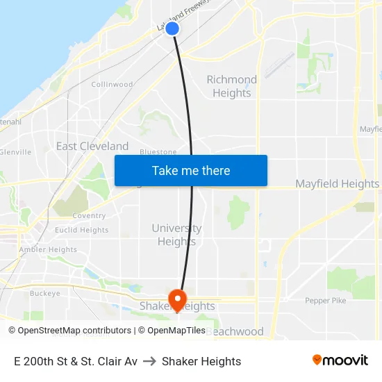 E 200th St & St. Clair Av to Shaker Heights map