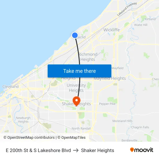 E 200th St & S Lakeshore Blvd to Shaker Heights map