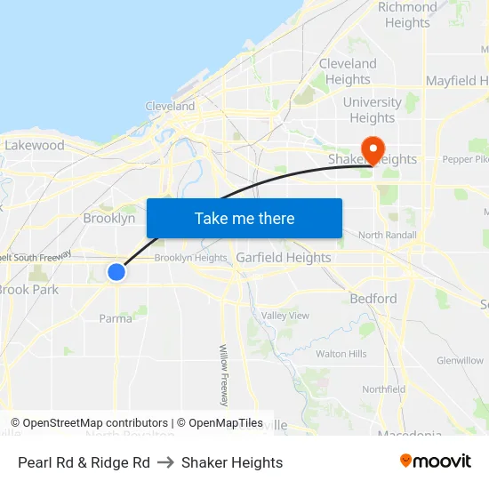 Pearl Rd & Ridge Rd to Shaker Heights map