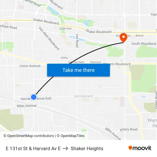 E 131st St & Harvard Av E to Shaker Heights map