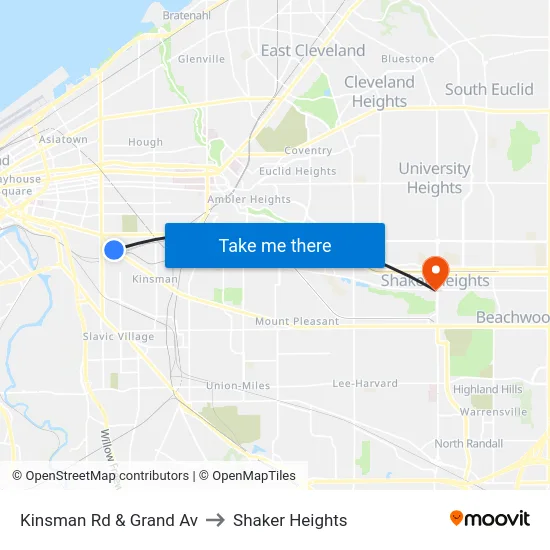 Kinsman Rd & Grand Av to Shaker Heights map