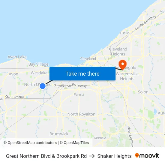 Great Northern Blvd & Brookpark Rd to Shaker Heights map