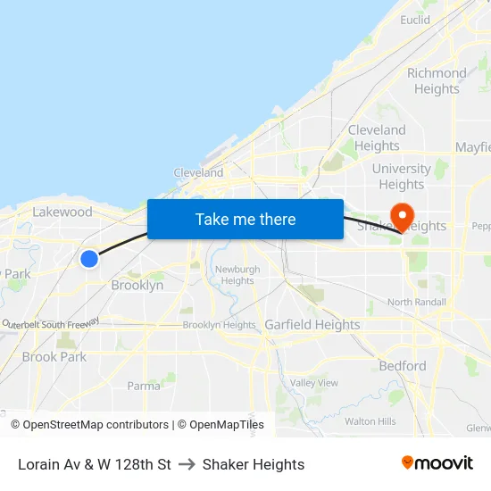 Lorain Av & W 128th St to Shaker Heights map