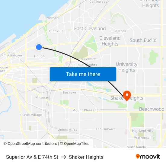Superior Av & E 74th St to Shaker Heights map