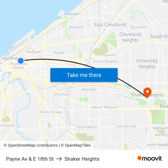Payne Av & E 18th St to Shaker Heights map