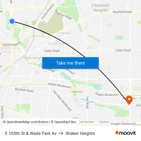 E 105th St & Wade Park Av to Shaker Heights map